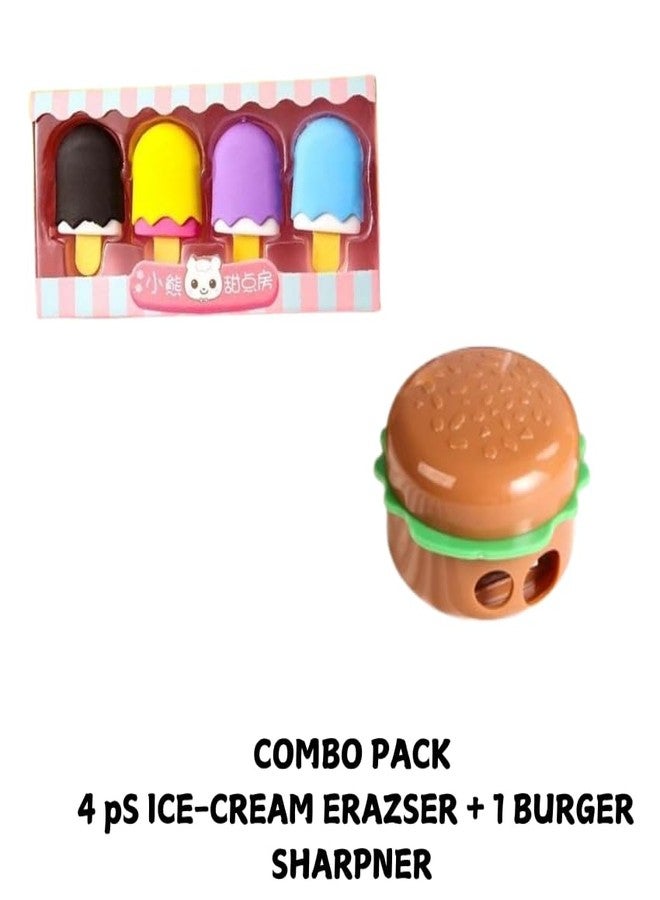 KALRA MAGIC® 4 Pcs Ice-Cream Shape Erasers + 1 Burger Sharpener | Cute & Fun Stationery Set - Image 2